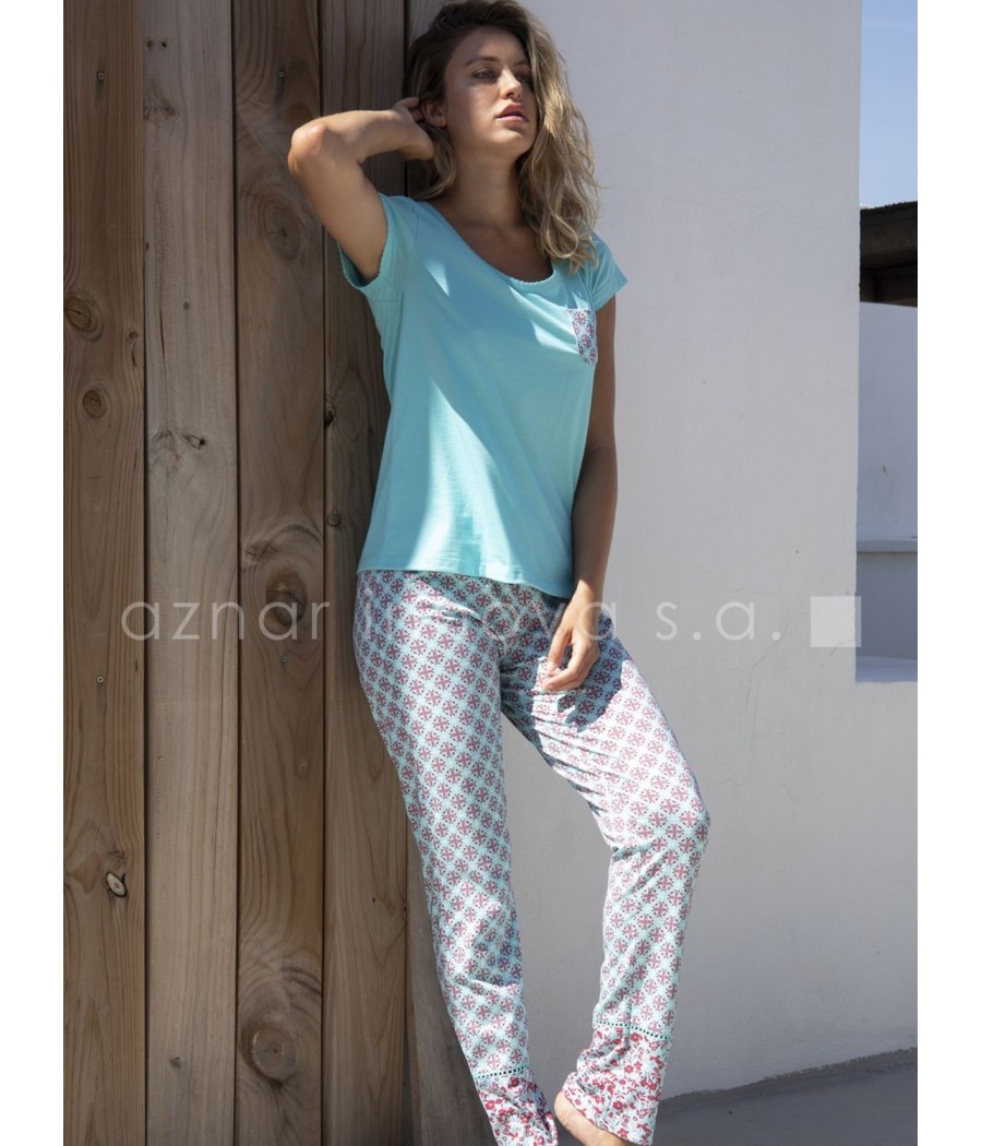 Pijama largo verano mujer Admas Hippy turquesa algodón viscosa