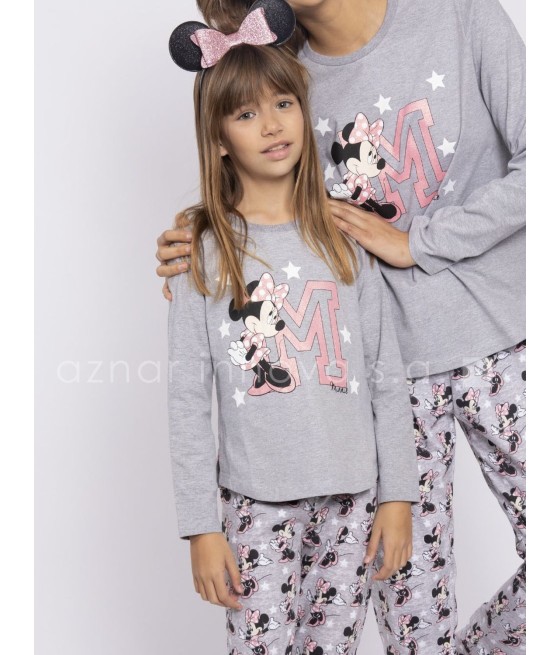 Pijama niña largo Disney Minnie Sport puños gris algodón