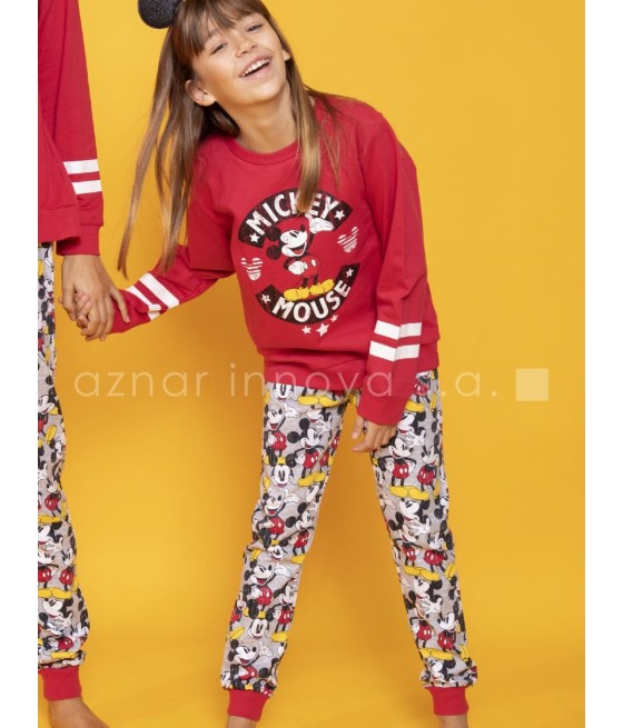 Pijama familiar invierno niña Disney Mickey puños rojo algodón