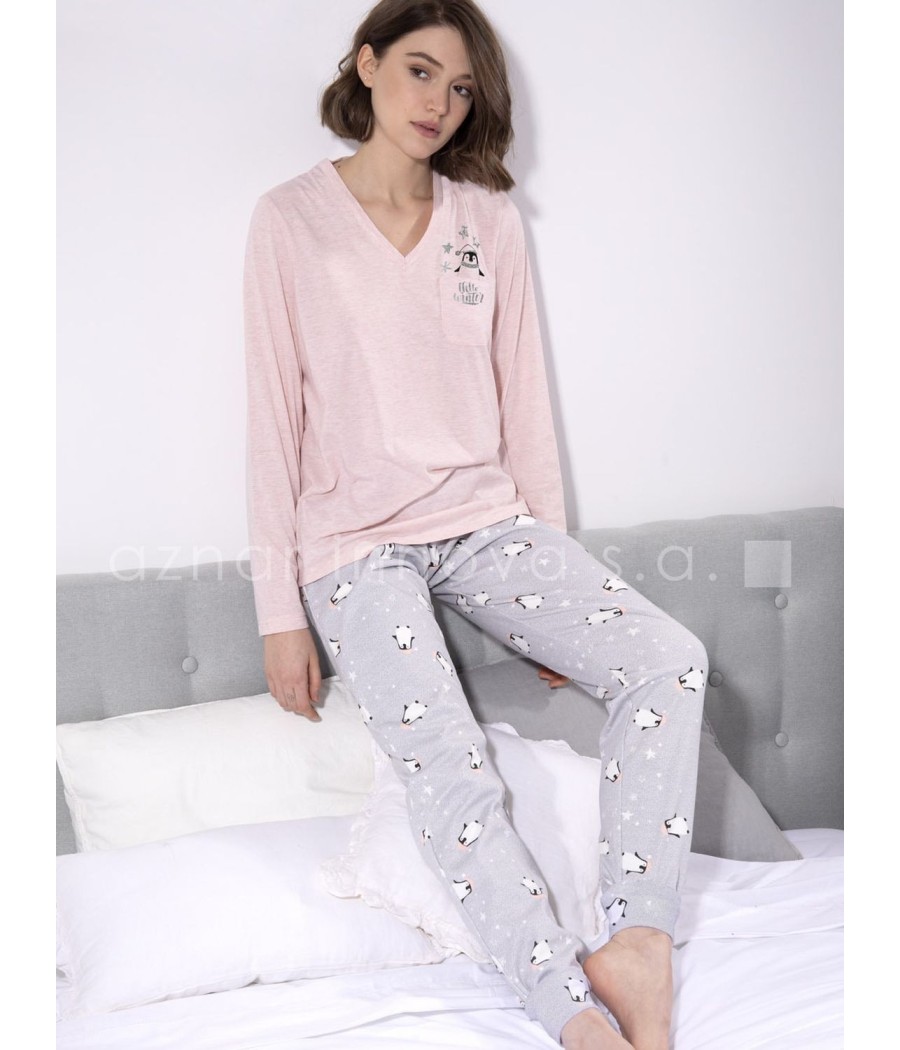 Pijama largo mujer Admas Pingüino rosa algodón interlock