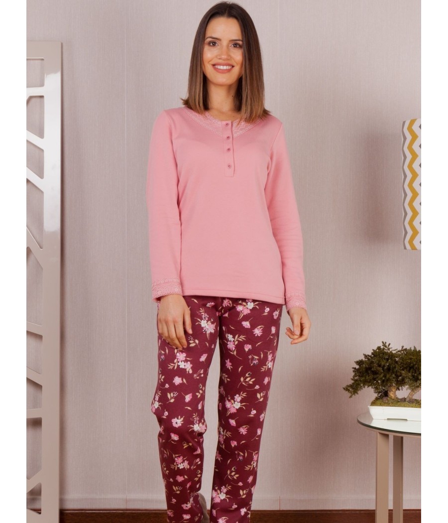 Pijama invierno mujer Rachas&Abreu rosa burdeos tapeta felpa