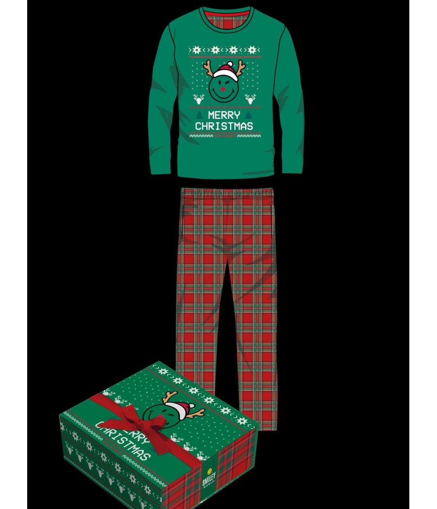 Pijama Navidad niño SMILEY World verde Merry Christmas bolsillos algodón