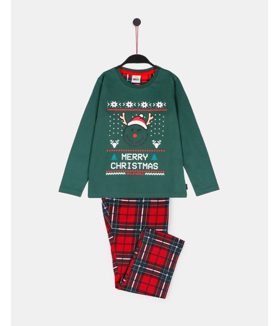 Pijama Navidad niño SMILEY World verde Merry Christmas bolsillos algodón