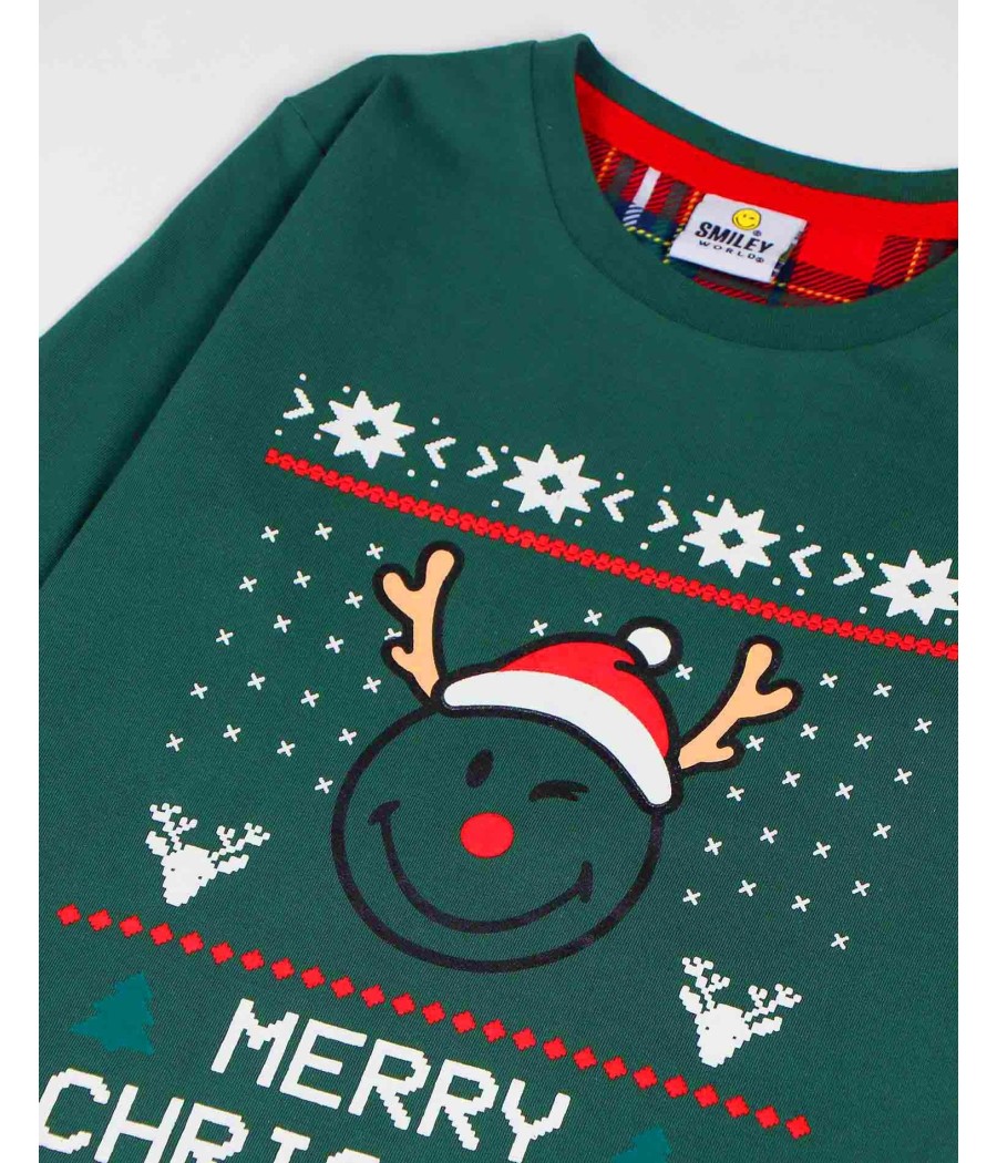 Pijama Navidad niño SMILEY World verde Merry Christmas bolsillos algodón