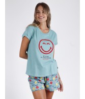 Pijama Mujer Do Things VERANO SMILEY WORLD Turquesa Algodón