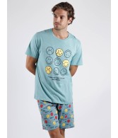 Pijama Hombre Do Things VERANO SMILEY WORLD Turquesa Algodón