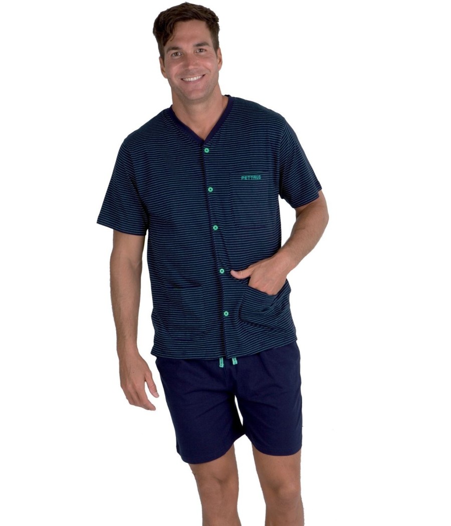 Pijama Corto Abierto Hombre Clásico PETTRUS Azul Punto Algodón