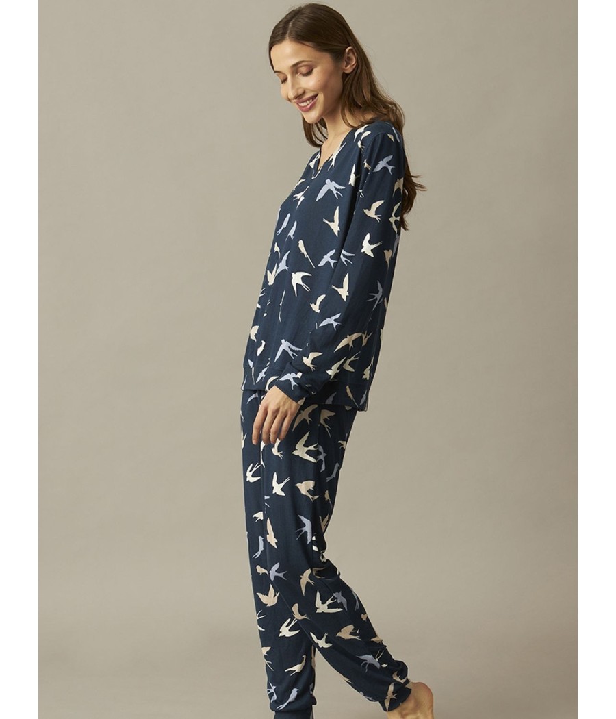 Pijama mujer invierno J&J Brothers azul punto bolsillos