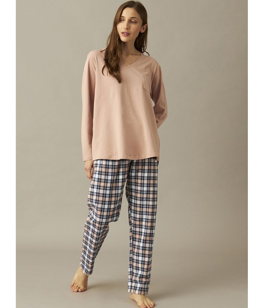 Pijama mujer invierno J&J Brothers cuadros Franela bolsillos