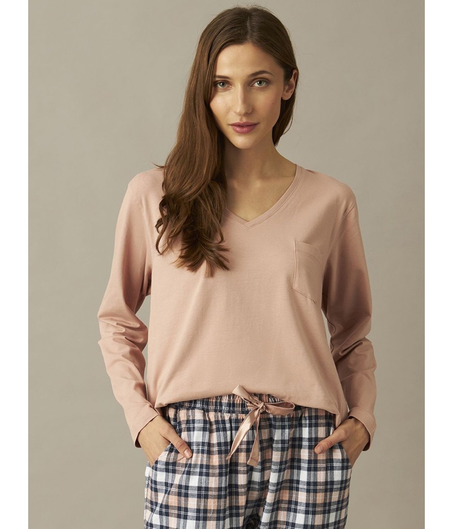 Pijama mujer invierno J&J Brothers cuadros Franela bolsillos