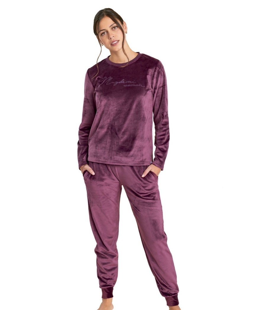 Pijama invierno mujer Muidemi burdeos microcoralina bolsillos