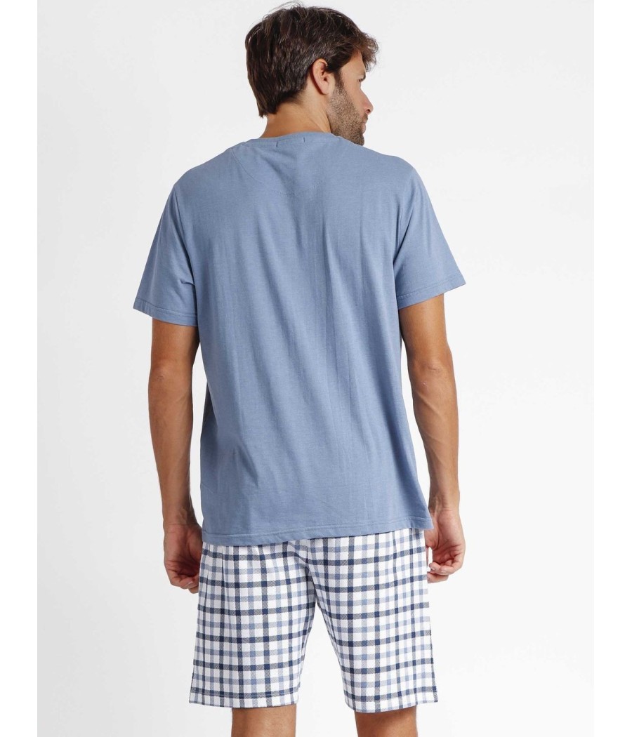 Pijama hombre verano Admas Plan cuadros azul bolsillos algodón