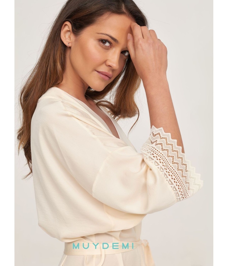 Camisón Novia corto verano mujer Muidemi satén encaje beige