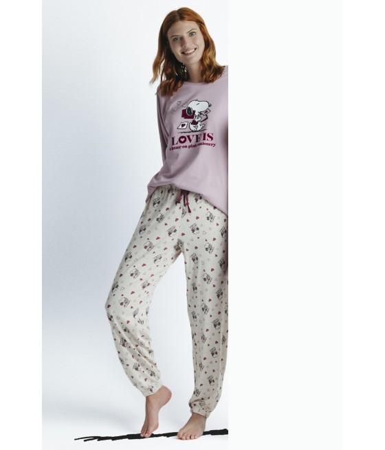 Pijama Invierno Mujer PEANUTS Snoopy Loveis Malva Felpa Algodón