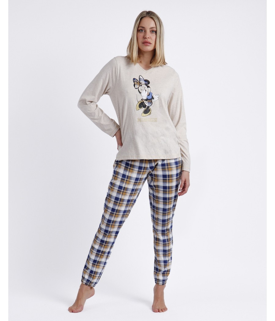 Pijama invierno mujer Disney 28 Happy Minnie beige algodón