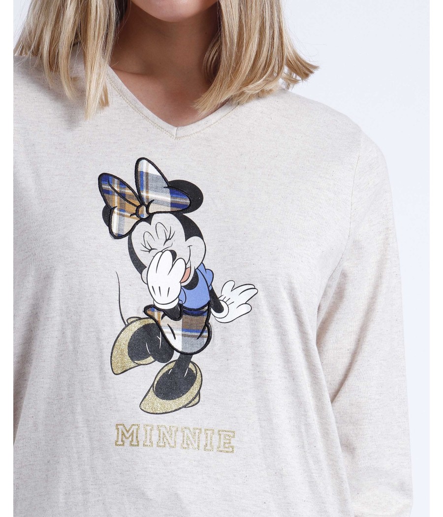 Pijama invierno mujer Disney 28 Happy Minnie beige algodón