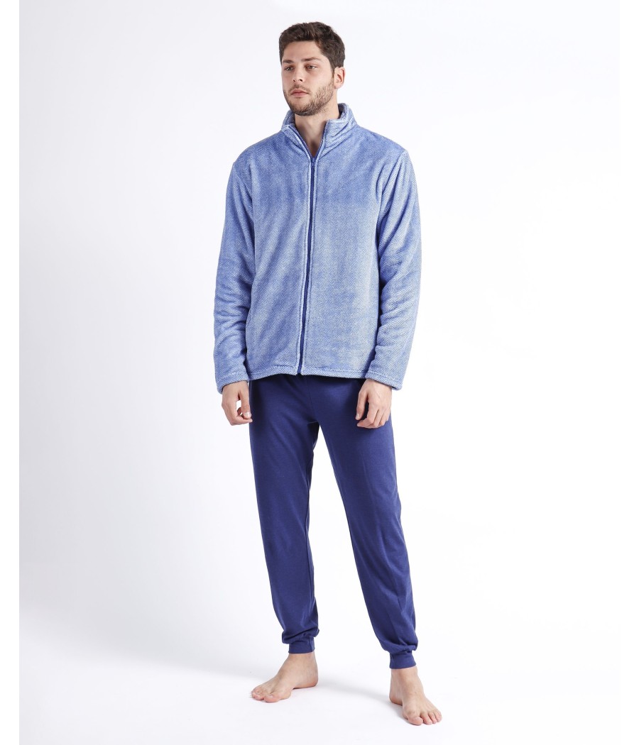 Bata corta invierno hombre Admas jacquard azul bolsillos coralina