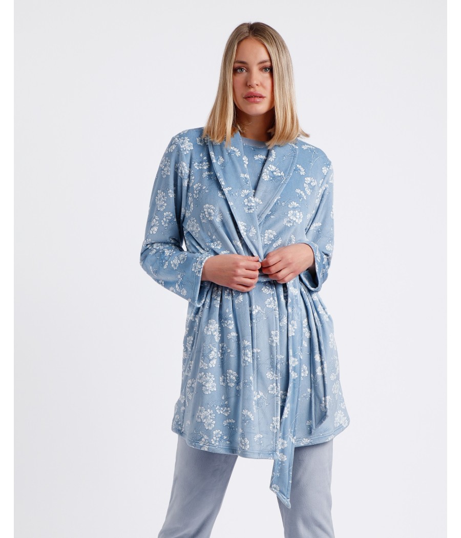 Bata invierno mujer Admas White Flowers azul terciopelo