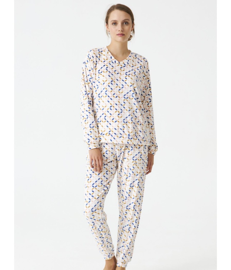 Pijama térmico mujer invierno J&J Brothers Micro coralina blanco estampado bolsillos