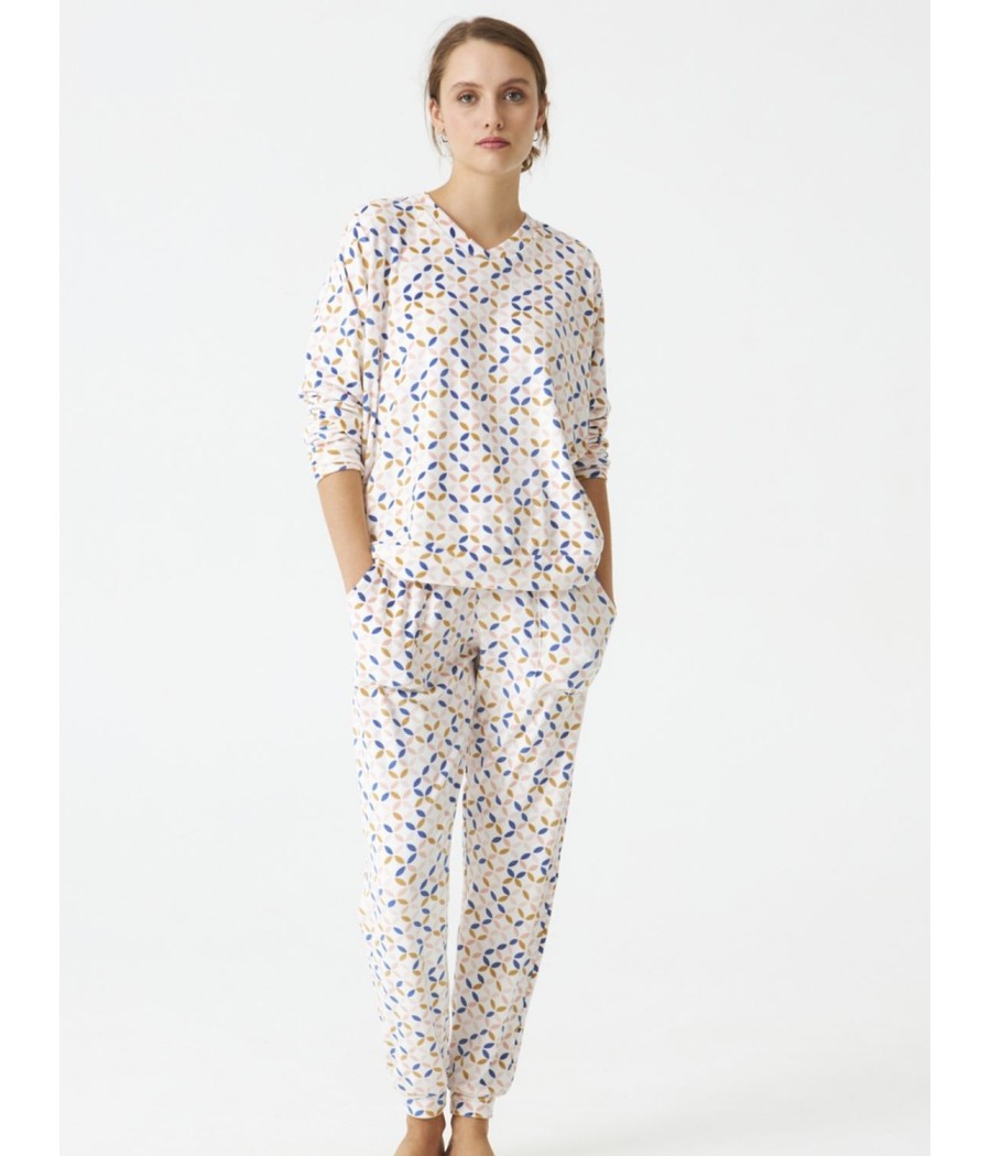 Pijama térmico mujer invierno J&J Brothers Micro coralina blanco estampado bolsillos