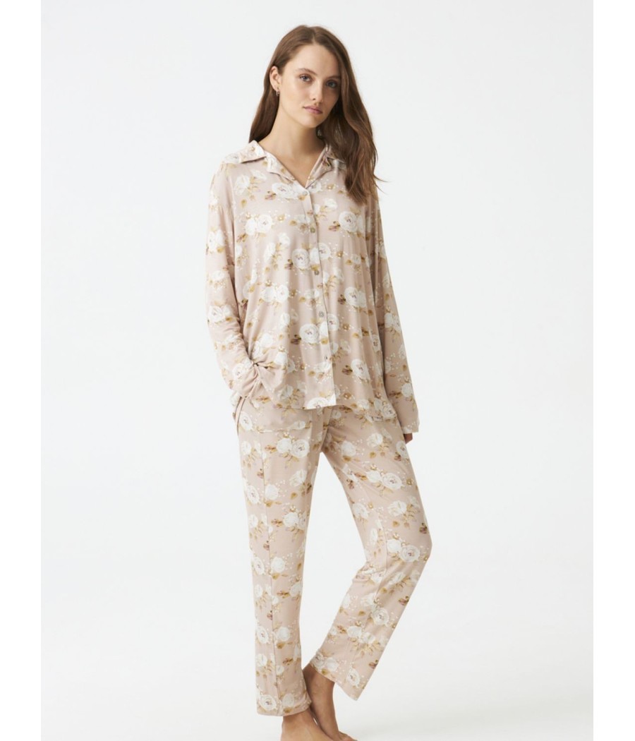 Pijama largo abierto mujer invierno J&J Brothers beige Floral modal bolsillos