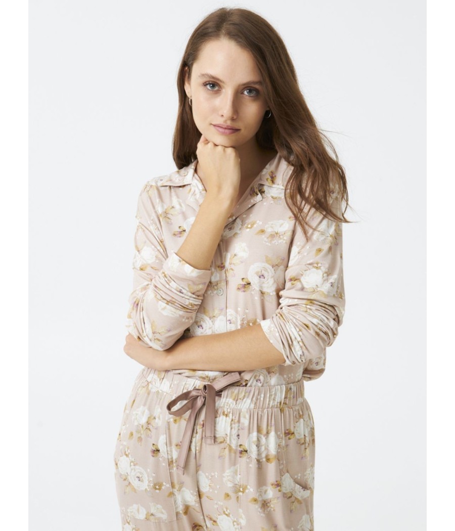 Pijama largo abierto mujer invierno J&J Brothers beige Floral modal bolsillos
