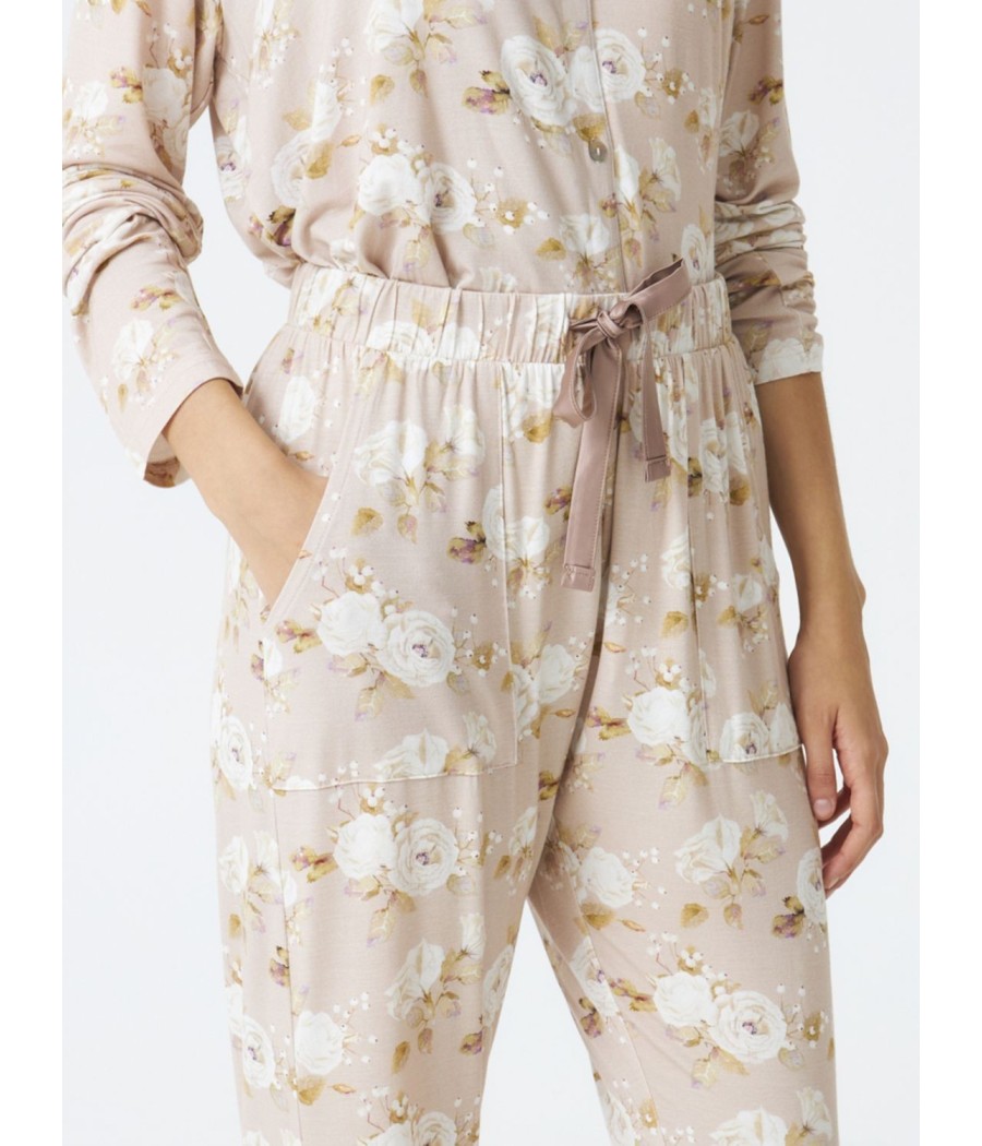 Pijama largo abierto mujer invierno J&J Brothers beige Floral modal bolsillos