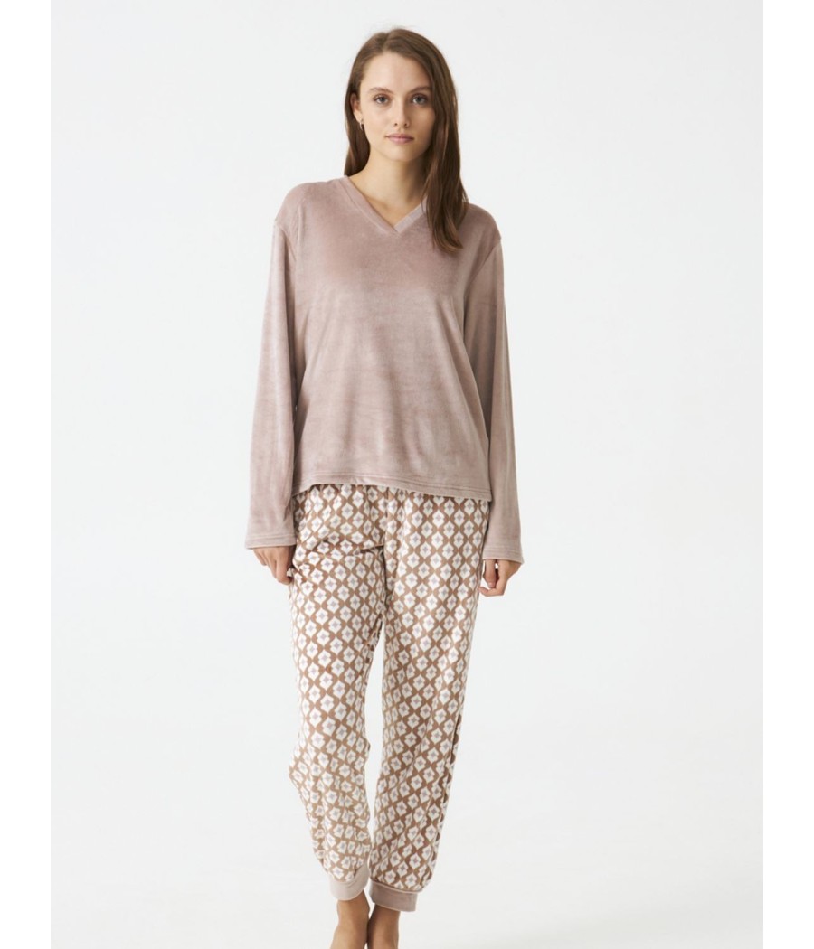 Pijama térmico mujer invierno J&J Brothers Micro coralina beige bolsillos
