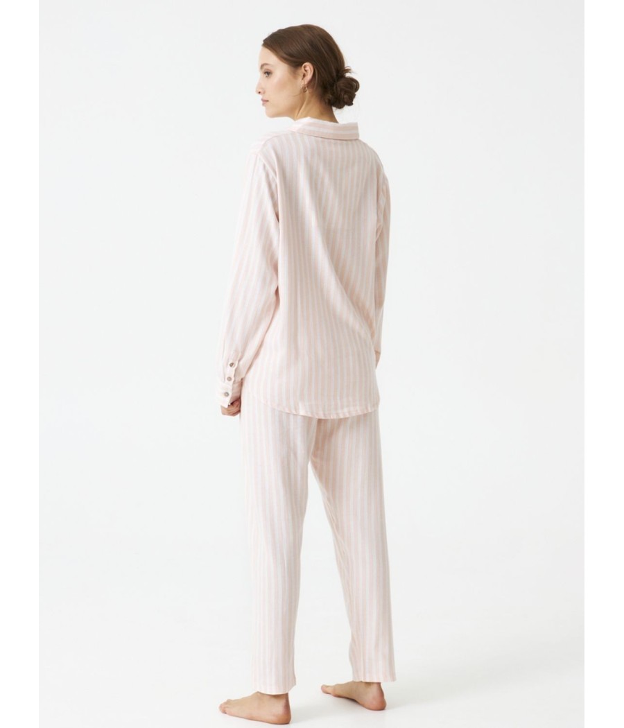 Pijama largo abierto mujer invierno J&J Brothers rayas rosa bolsillos algodón