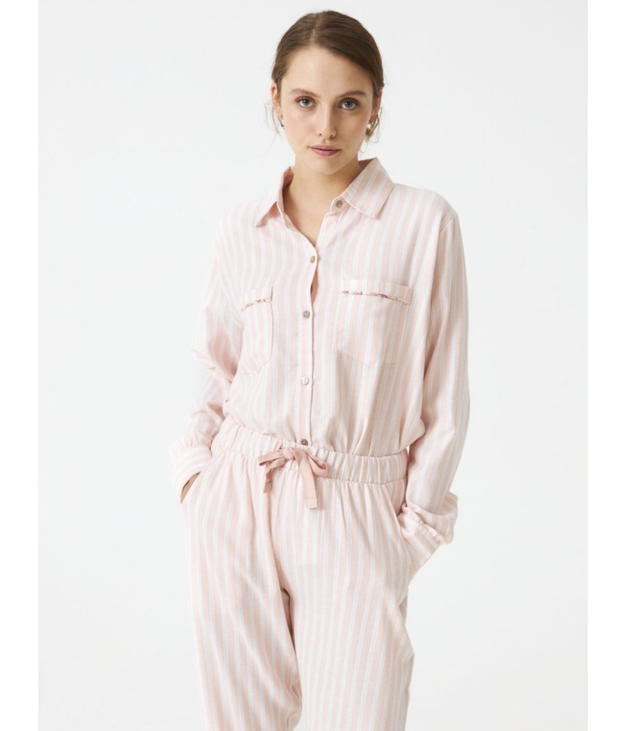 Pijama largo abierto mujer invierno J&J Brothers rayas rosa bolsillos algodón