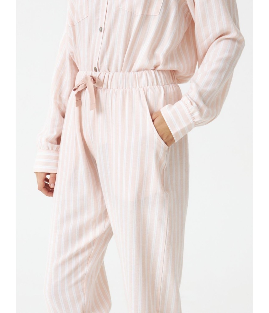 Pijama largo abierto mujer invierno J&J Brothers rayas rosa bolsillos algodón