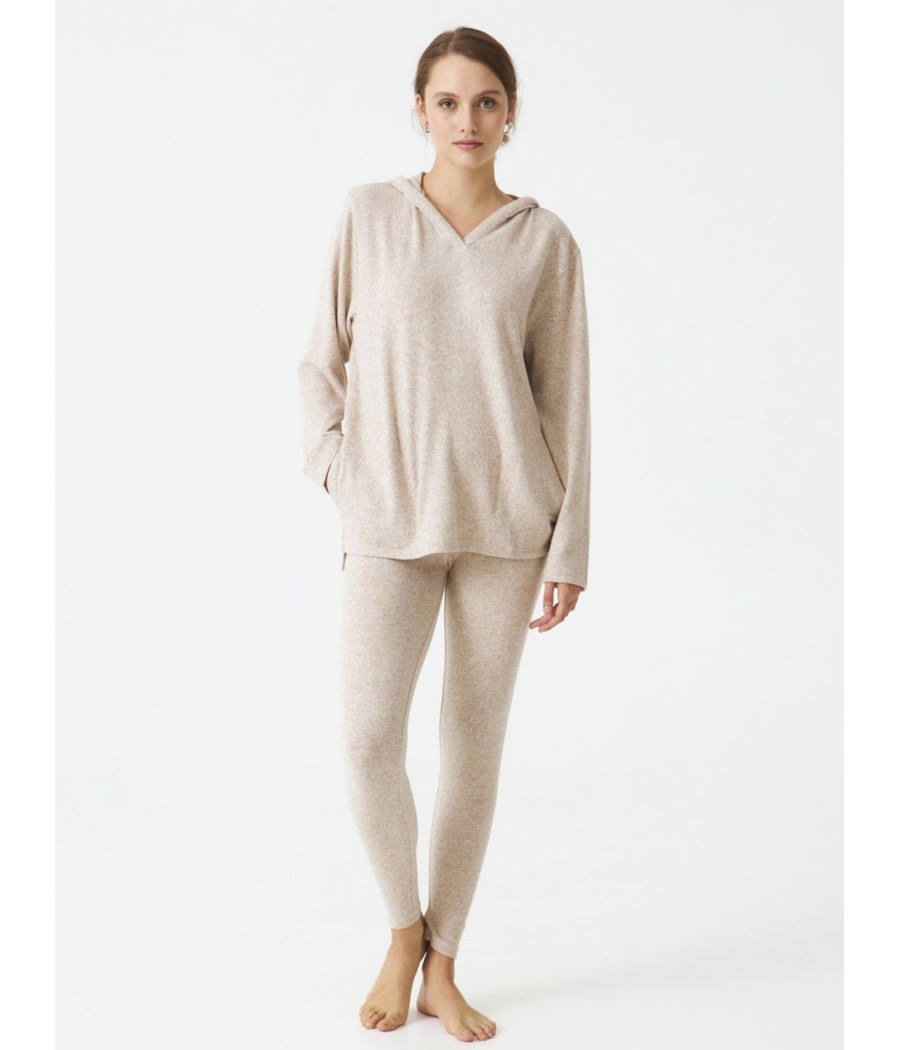 Homewear Legging mujer invierno J&J Brothers beige punto bolsillos capucha