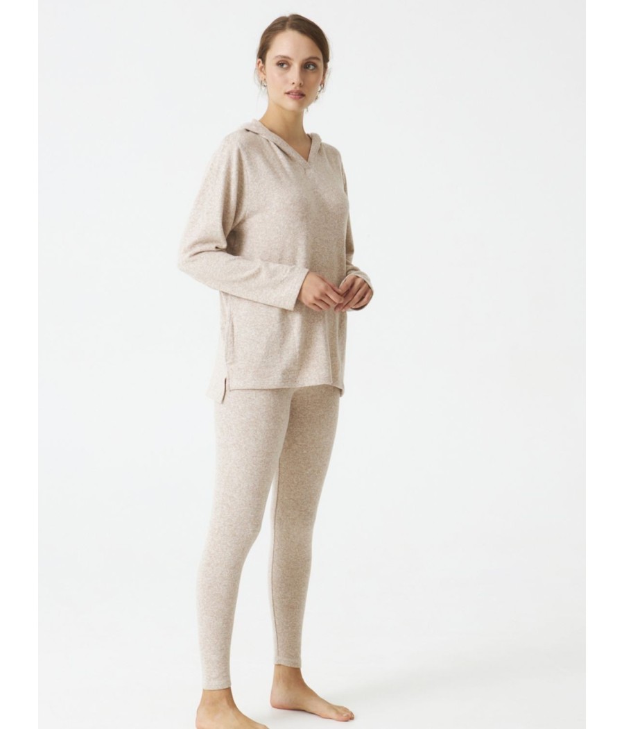 Homewear Legging mujer invierno J&J Brothers beige punto bolsillos capucha