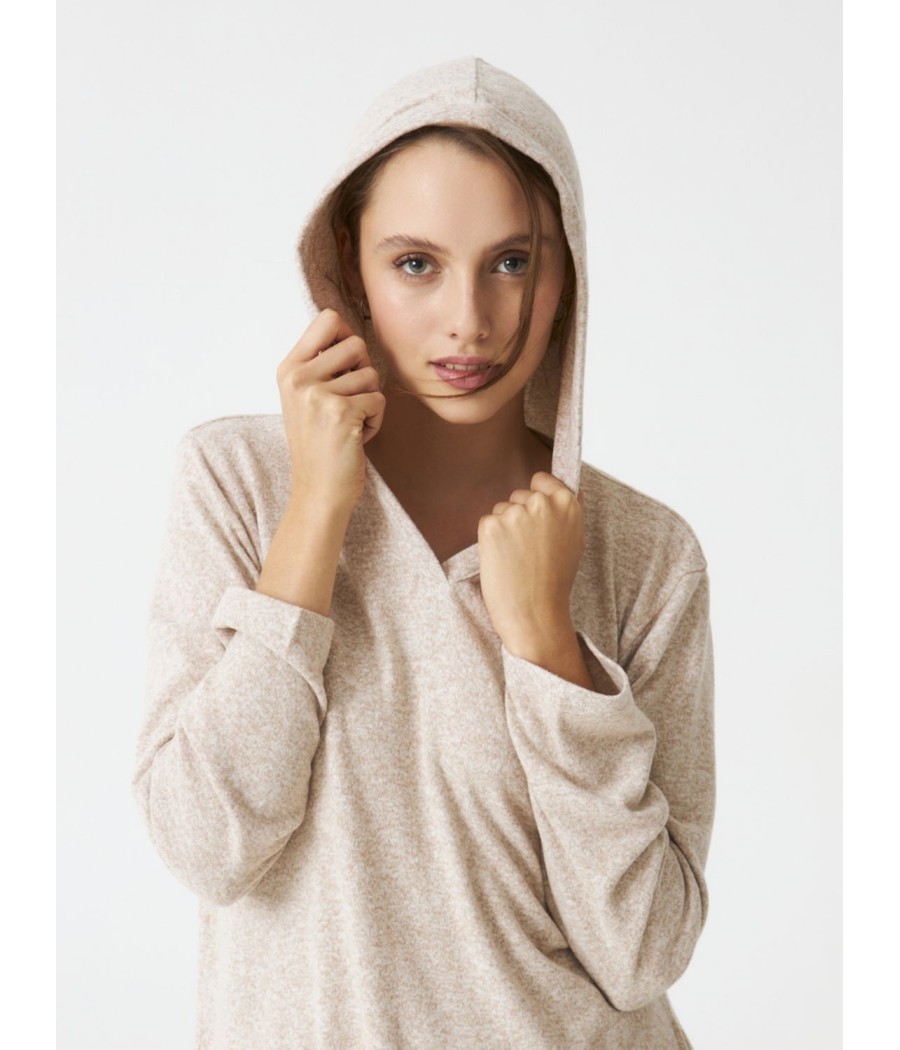 Homewear Legging mujer invierno J&J Brothers beige punto bolsillos capucha