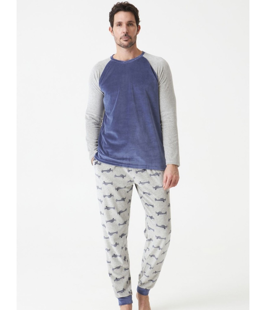 Pijama Homewear hombre invierno J&J Brothers Aviones terciopelo bolsillos