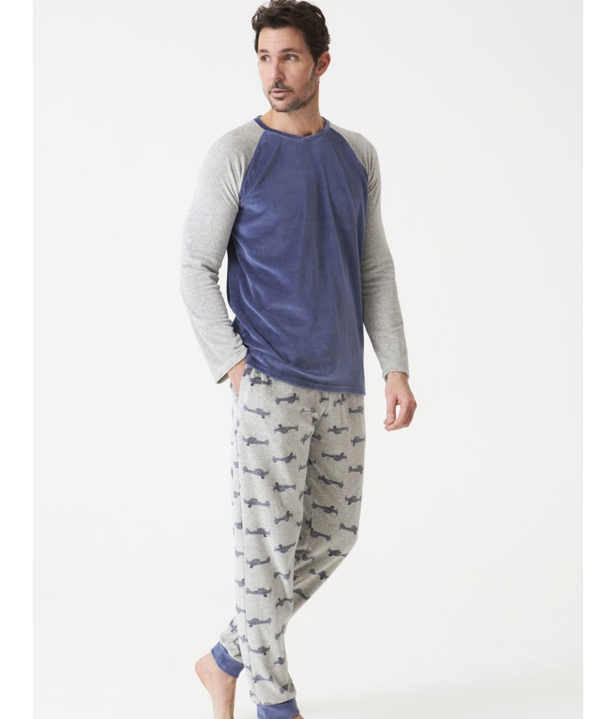 Pijama Homewear hombre invierno J&J Brothers Aviones terciopelo bolsillos
