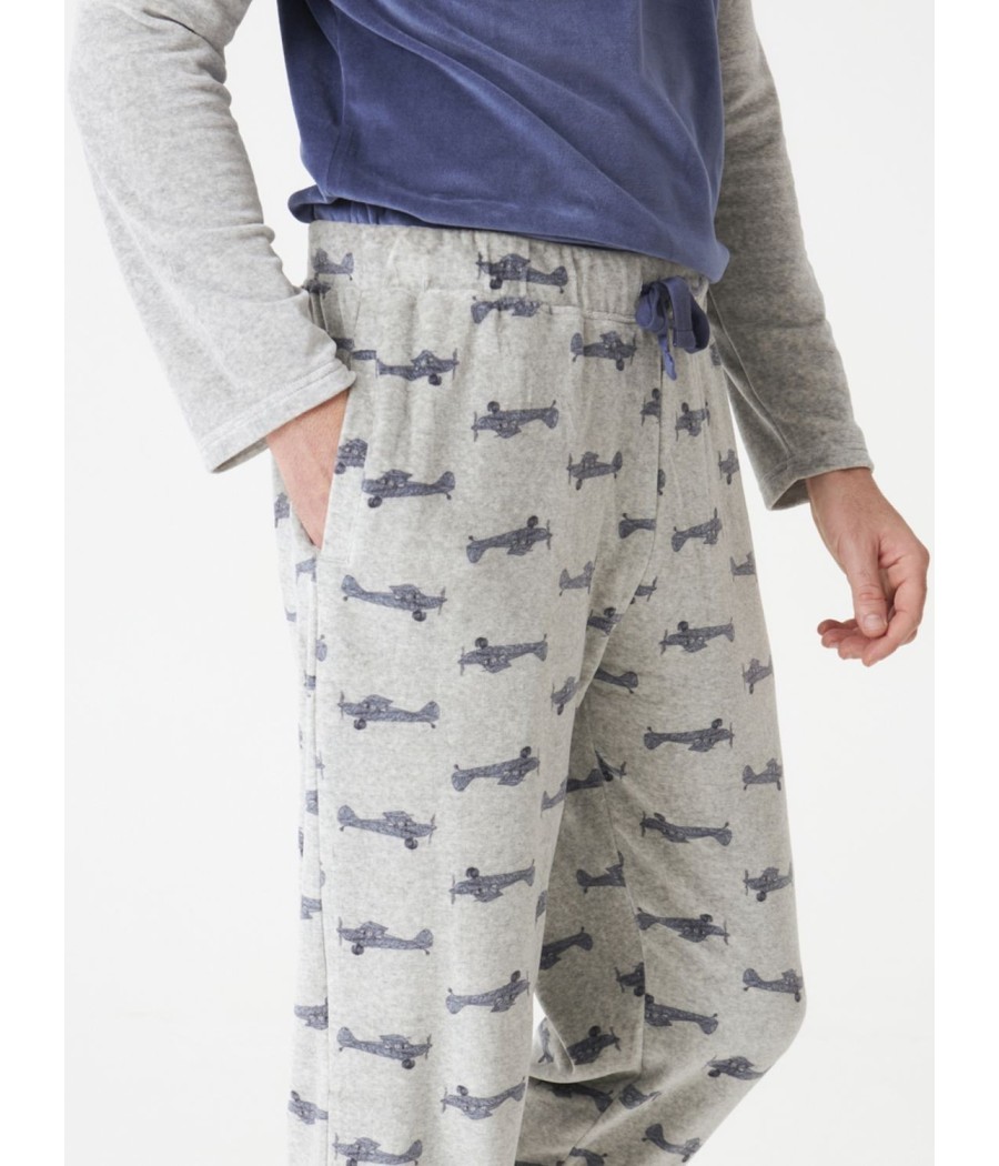 Pijama Homewear hombre invierno J&J Brothers Aviones terciopelo bolsillos