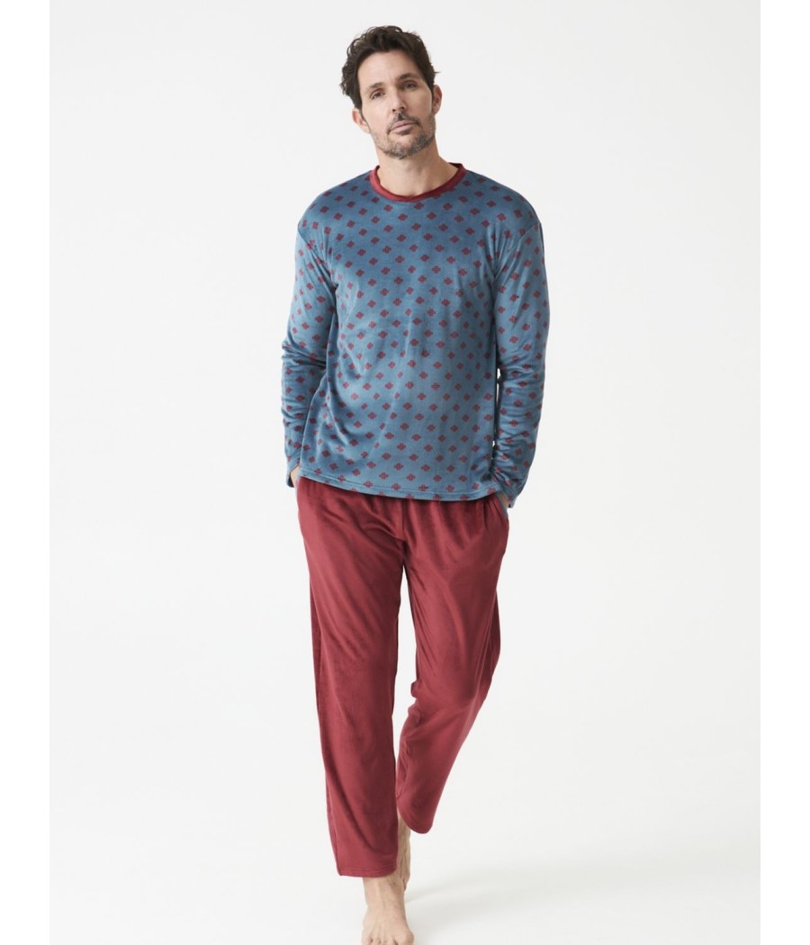 Pijama Homewear hombre invierno J&J Brothers burdeos terciopelo bolsillos