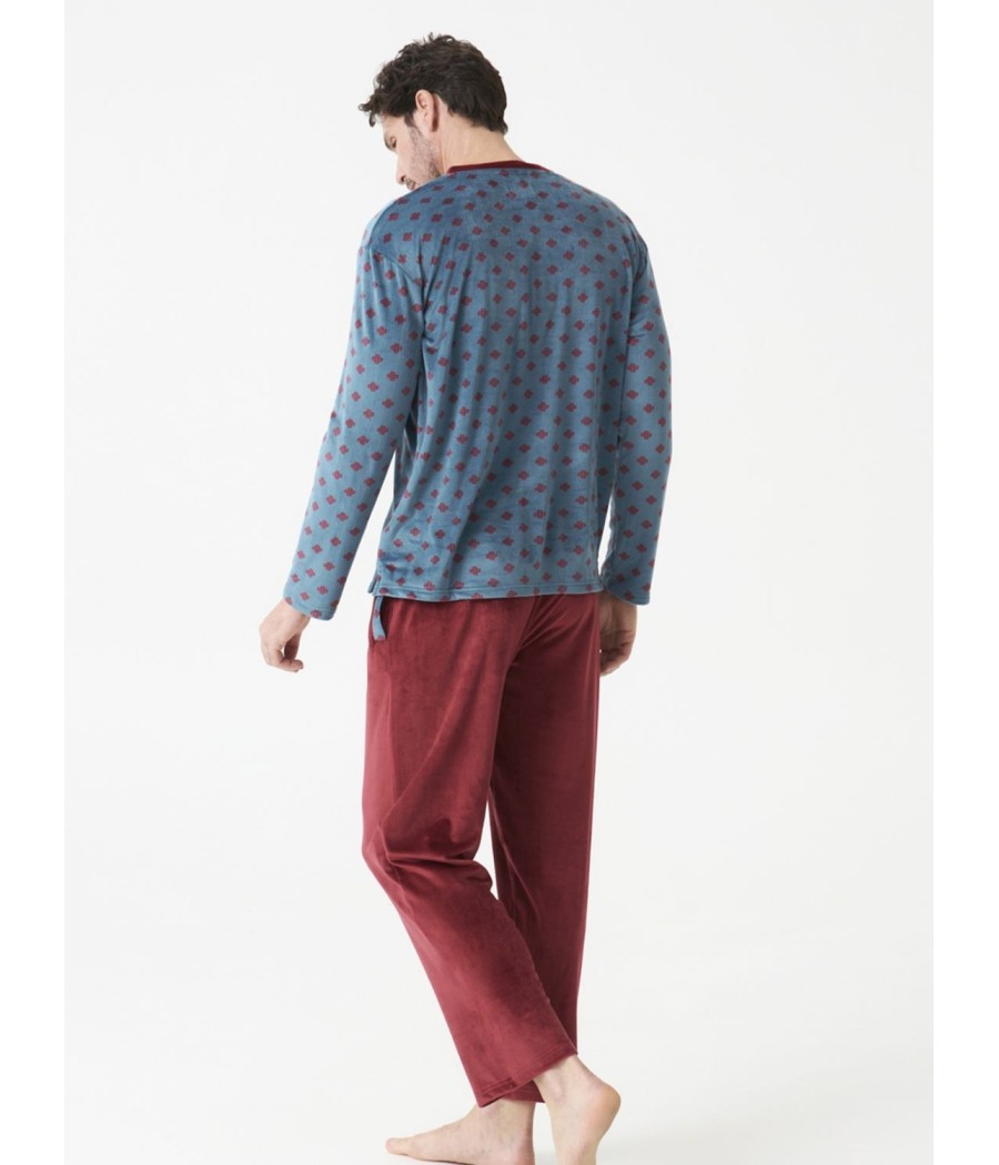 Pijama Homewear hombre invierno J&J Brothers burdeos terciopelo bolsillos