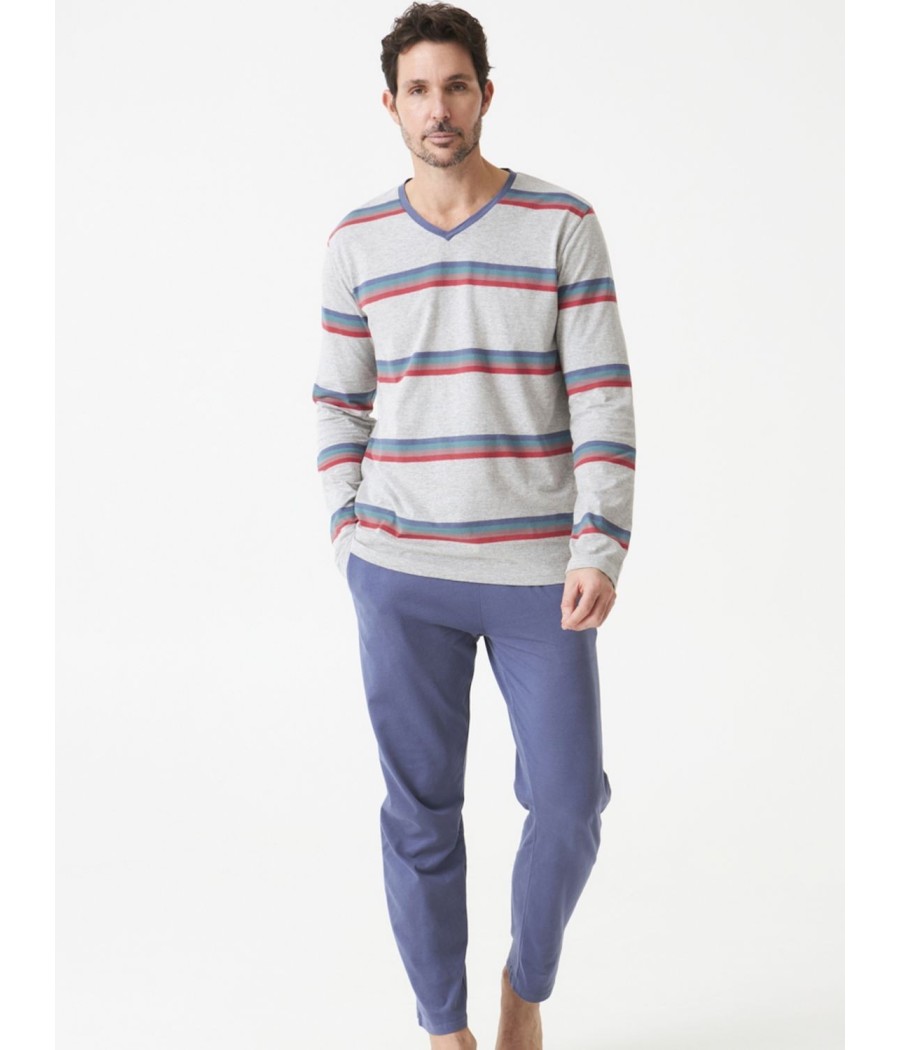 Pijama Homewear hombre invierno J&J Brothers rayas algodón viscosa bolsillos