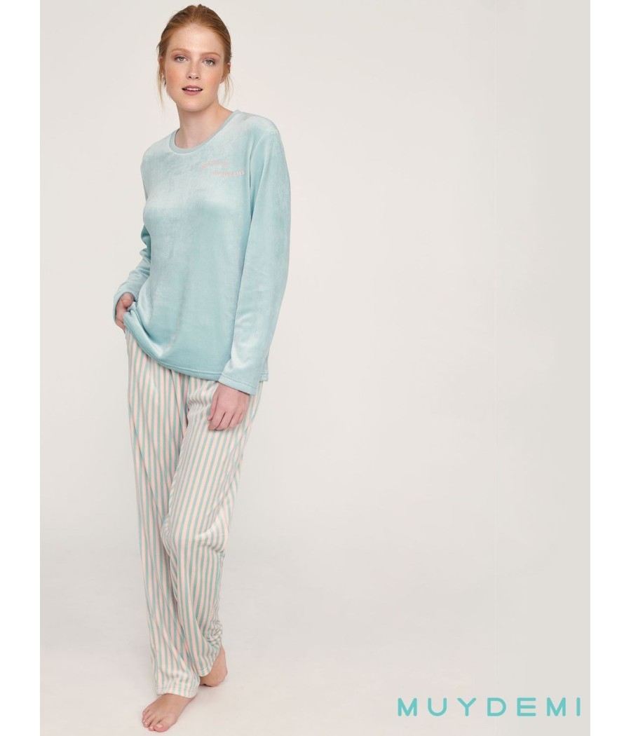 Pijama invierno mujer Muidemi azul rayas Micro coralina bolsillos