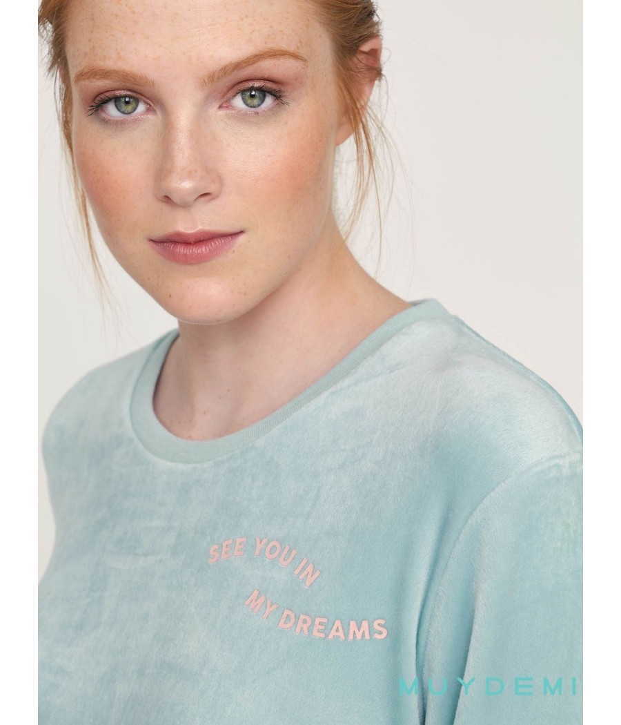 Pijama invierno mujer Muidemi azul rayas Micro coralina bolsillos