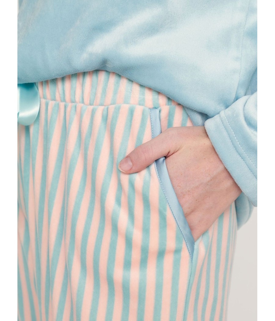 Pijama invierno mujer Muidemi azul rayas Micro coralina bolsillos