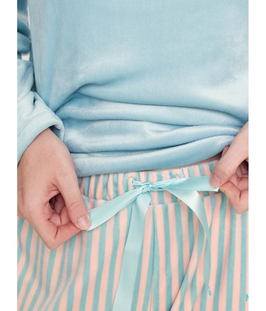 Pijama invierno mujer Muidemi azul rayas Micro coralina bolsillos