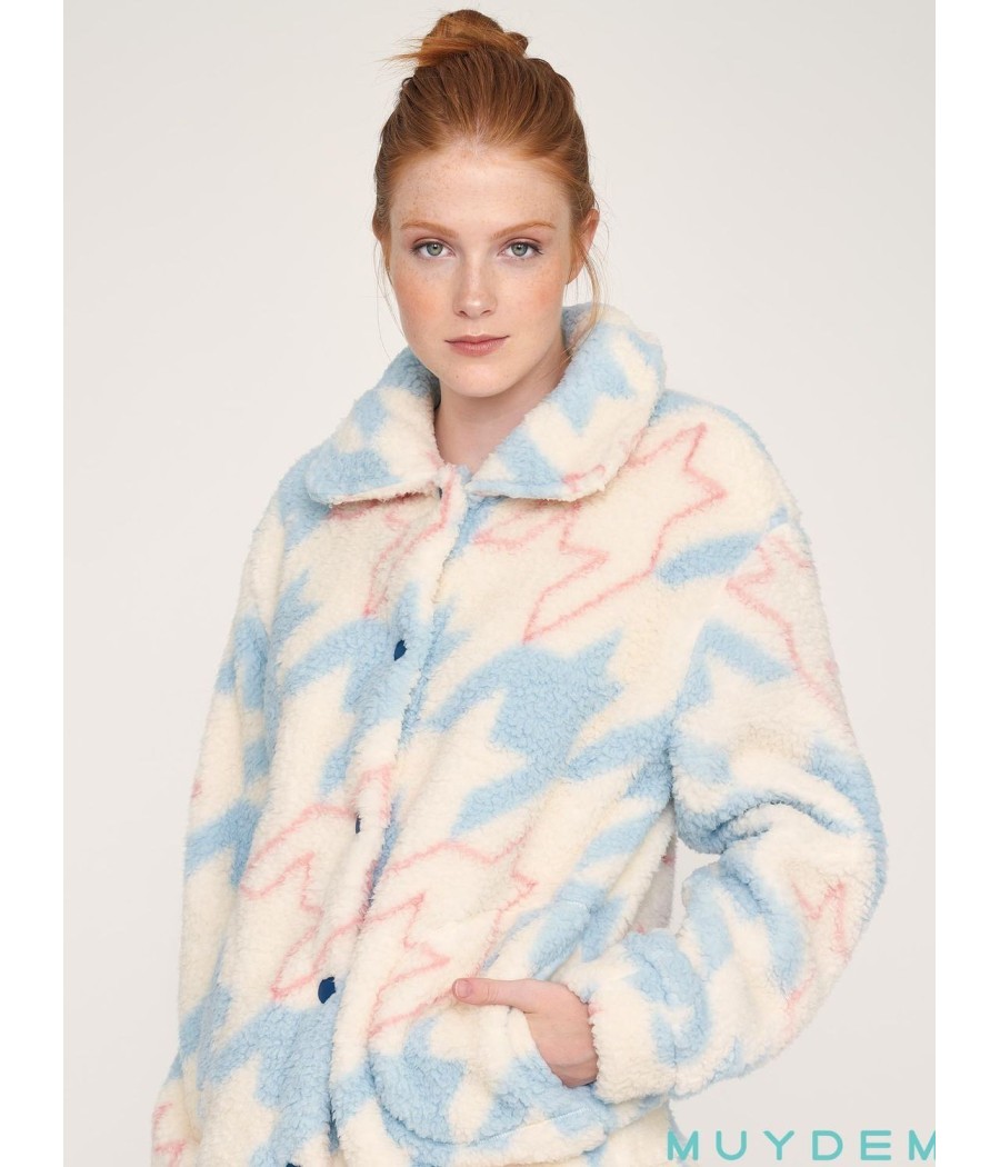 Bata mujer invierno Muydemi térmica borreguillo bolsillos celeste