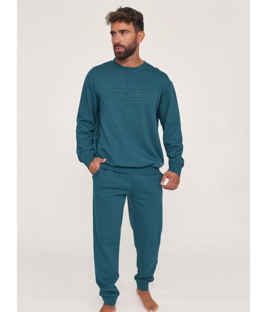 Pijama Hombre Invierno MUYDEMI Verde Puños Bolsillos Felpa Tallas Grandes