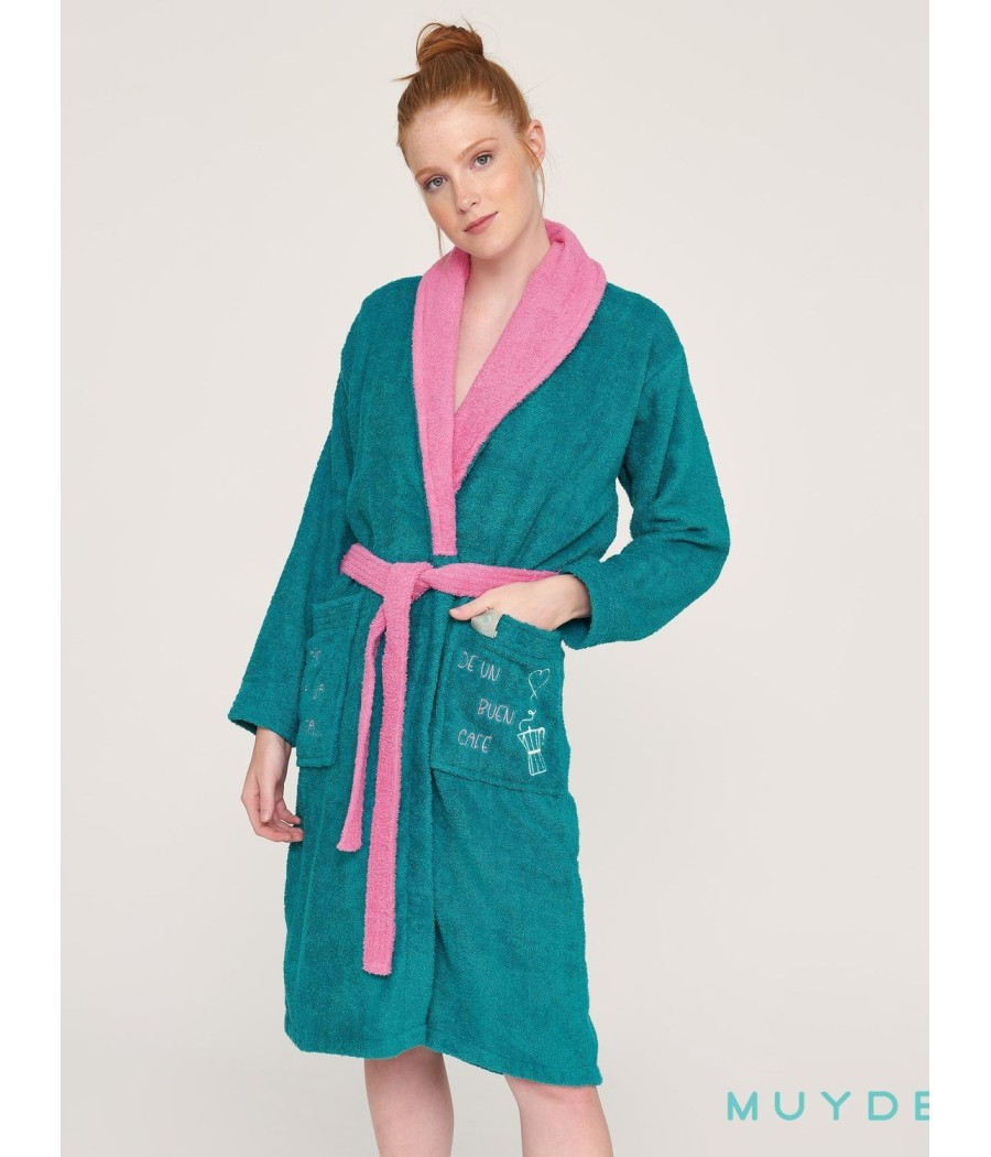 Albornoz mujer Muidemi verde rosa algodón bolsillos
