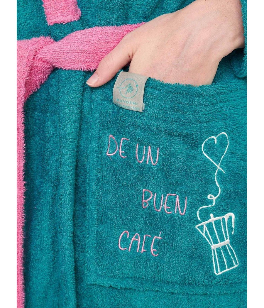 Albornoz mujer Muidemi verde rosa algodón bolsillos