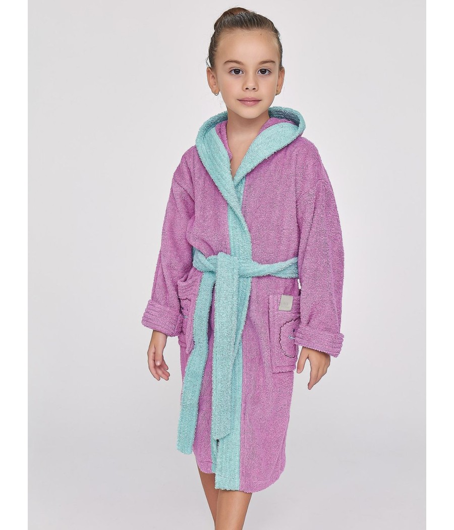 Albornoz niña Muidemi Malva turquesa capucha bolsillos algodón