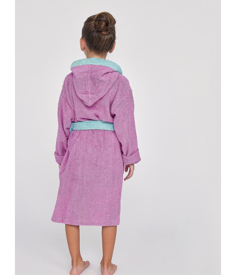 Albornoz niña Muidemi Malva turquesa capucha bolsillos algodón